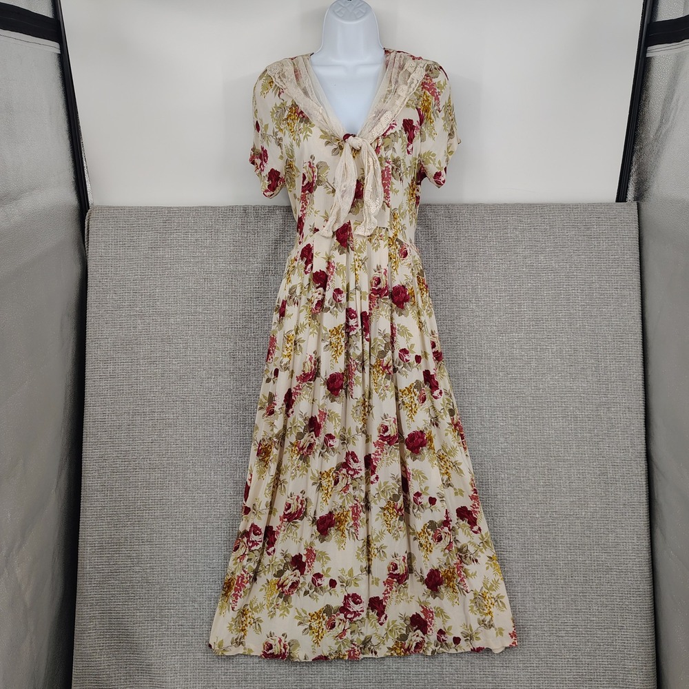 Vintage Expo Floral Lace Collar Maxi Dress Womens 8 Flowy Cottagecore Boho